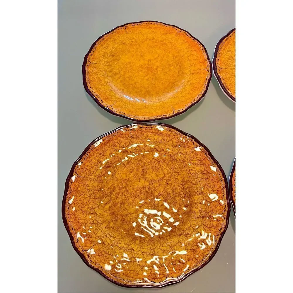 Lot of 4 Citrus Grove Melamine Dinner Plates Yellow Brown Crackle Look BPA FREE